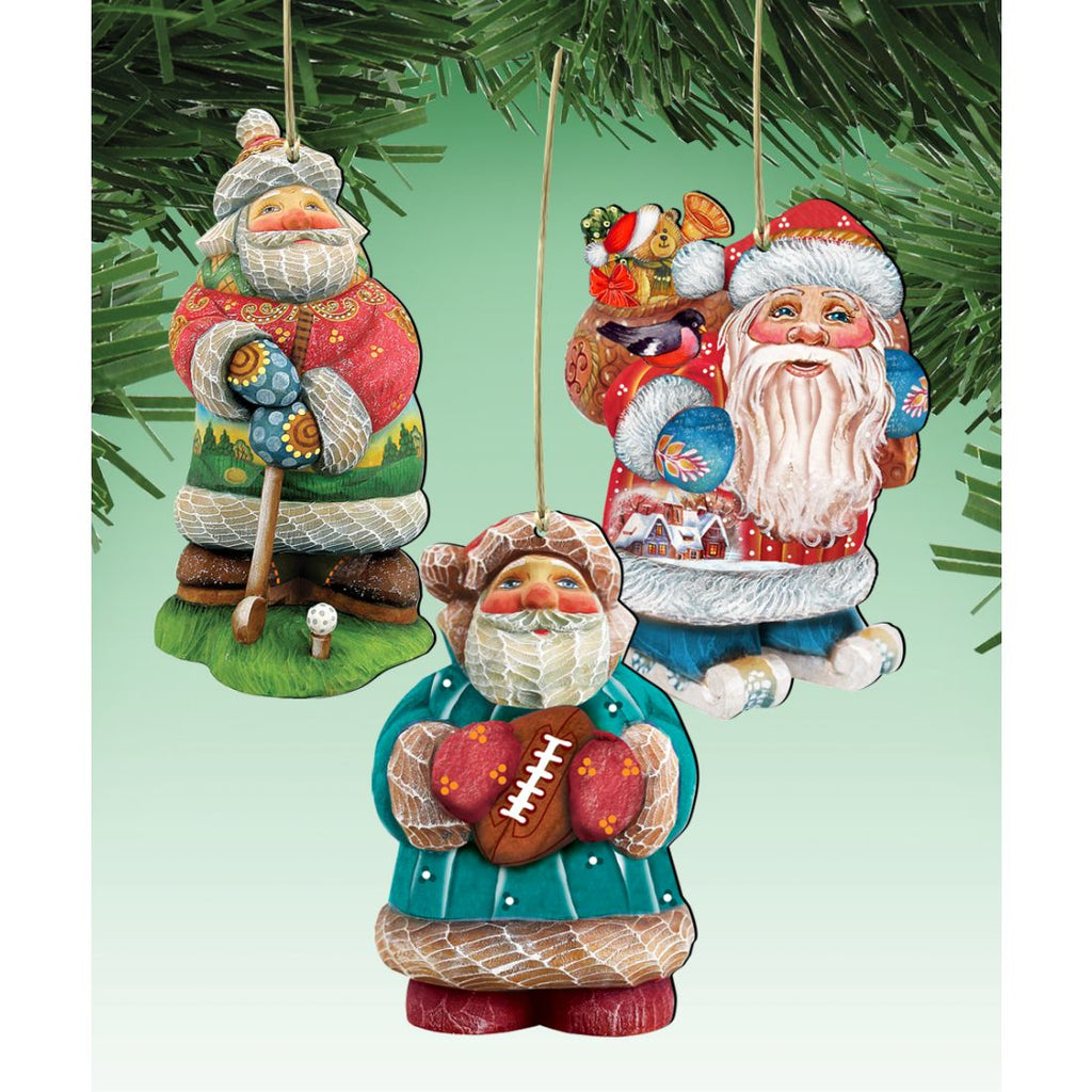Sporty Santa Wooden Ornaments Set of 3 by G. DeBrekht - Christmas Santa Snowman Décor - 8100031S3