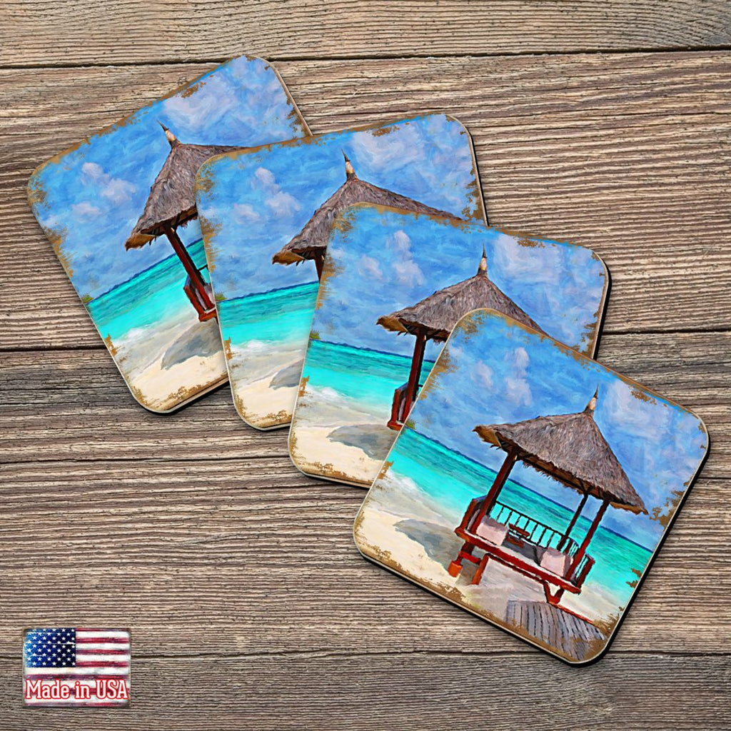 Beach Cabana Coastal Wooden Cork Coasters Gift Set of 4 by