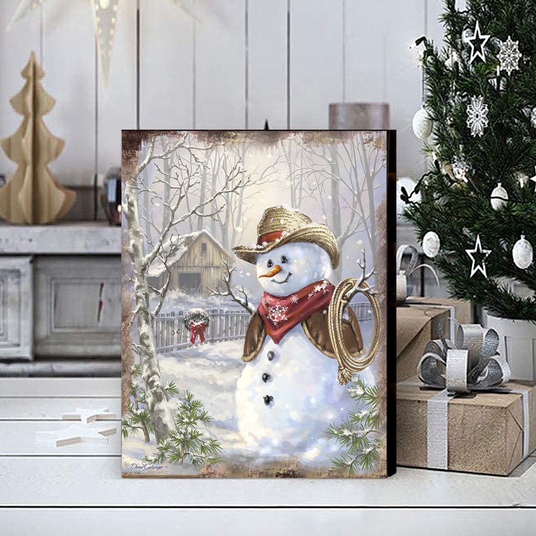 American-Style Snowman Santa Wood Carved Figurine by G. Debrekht | Christmas Santa Snowman Décor - 8208013