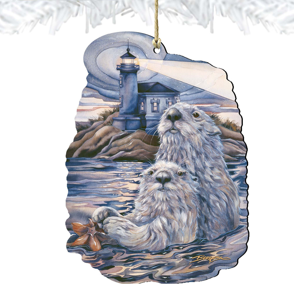 Starlight Otter Lighthouse Wooden Ornaments by J. Bergsma